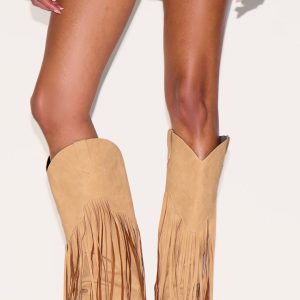 Tan Faux Suede Point Toe Fringed Heel Knee High Western Boots