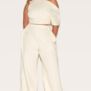 Shape Cream Linen Look Highwaisted Pleated Wide Leg Trousers