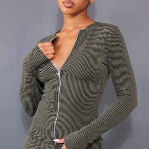 Moss Khaki Two Tone Rib Longline Zip Up Top