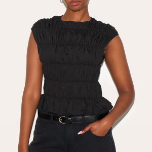 Black Shirred Boatneck Fitted Top