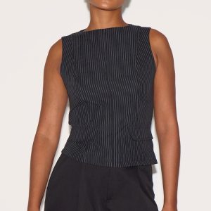 Black Pinstripe Peach Skin Sleeveless Long Top