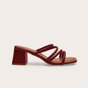 Burgundy Pu Square Toe Strappy Block Heel Mules