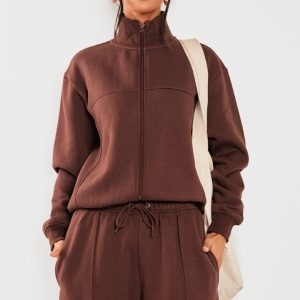 Petite Coffee Seam Detail Zip Through Track Top