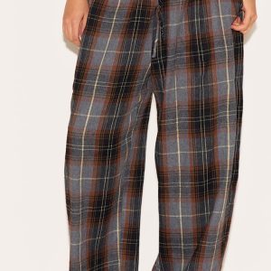 Plus Dark Brown Check Print Drawstring Waist Slouchy Trousers
