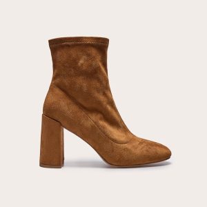 Tan Faux Suede Round Toe Heeled Ankle Sock Boots