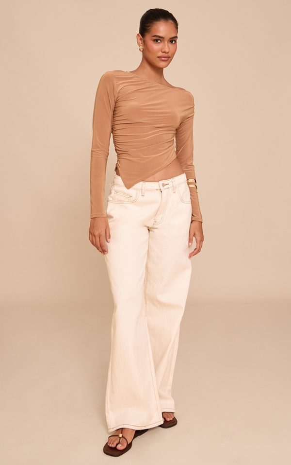 b656b8f40f16c943d4dca4ae78960de63b9f4676_CNM6299_3_tan_soft_touch_asymmetric_ruched_long_sleeve_top