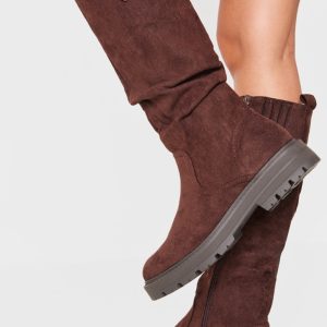 Brown Faux Suede Round Toe Zip Up Buckle Detail Knee High Boots