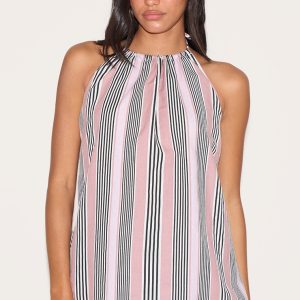 Pink Linen Look Striped Halterneck Top