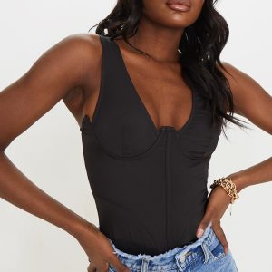 Tall Black Corset Detail Woven Bodysuit
