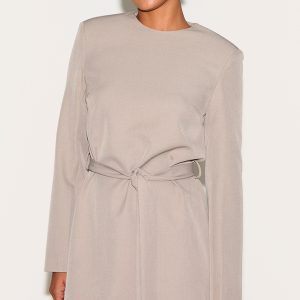 Grey Tailored Belt Detail Long Sleeve Shift Dress