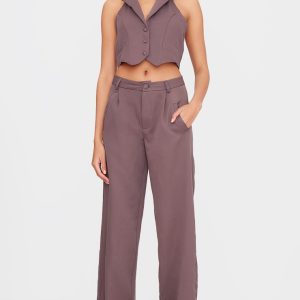 Dark Brown Woven Pleat Detail Wide Leg Trousers