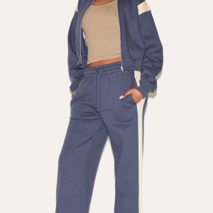 Midnight Blue Contrast Panel Detail Wide Leg Joggers
