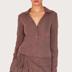Dark Brown Peach Skin Pinstripe Woven Long Sleeve Cargo Shirt