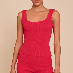 Red Knitted Scallop Edge High Waisted Shorts