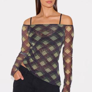 Multi Checked Bardot Asymmetric Hem Long Sleeve Top