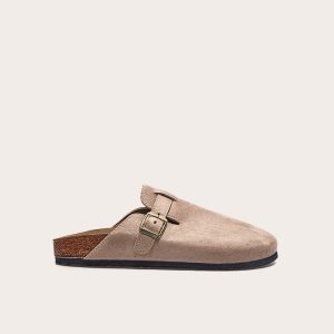 Beige Faux Suede Buckled Mule Cloggs