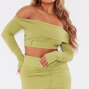 Shape Olive Bardot Seam Detail Foldover Crop Top
