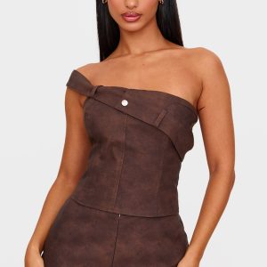 Petite Chocolate Faux Leather Foldover Detail Strap Top
