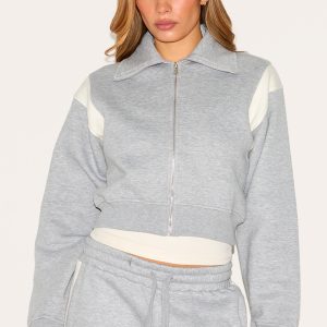 Ash Grey Contrast Panel Zip Through Collared Sweatshirt