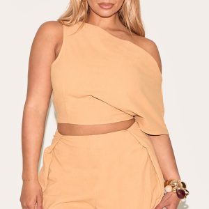 Shape Olive Linen Look Asymetrical Off The Shoulder Top