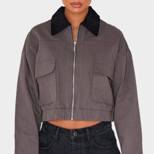 Dark Grey Contrast Collar Twill Jacket