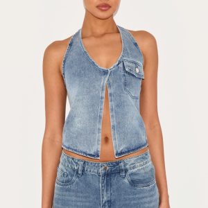 Mid Blue Halterneck Denim Waistcoat