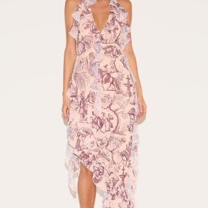 Stone Chiffon Print Frill Detail Plunge Midaxi Dress
