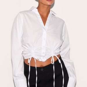 Plus White Gathered Tie Detail Long Sleeve Cropped Shirt