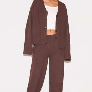 Brown Heavy Brushed Rib Slouchy Wide Leg Trousers
