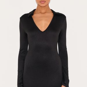 Black Double Contour Collar Detail Long Sleeve Bodycon Dress
