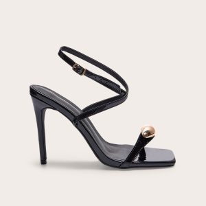 Black Patent PU Square Toe Metal Trim High Stiletto Heeled Sandals