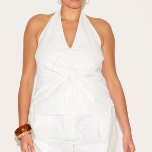 Plus White Linen Twist Front Halter Neck Top