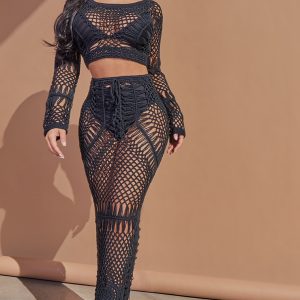 Petite Black Crochet Midi Skirt