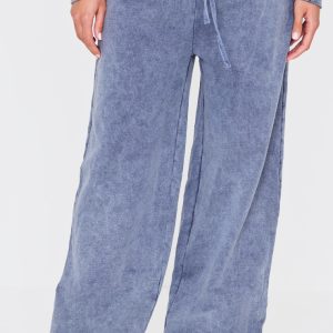 Blue Grey Washed Embossed Thin Waistband Wide Leg Joggers