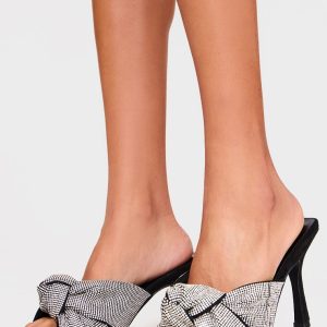 Black PU Square Toe Diamante Knot Strap Heeled Mules