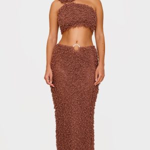 Chocolate Brown Fluffy Textured Trim Detail Low Rise Maxi Skirt