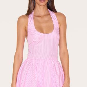 Pink Pinstripe Halterneck Puffball Dress