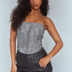 Charcoal Washed Faux Leather Hook And Eye Structured Corset