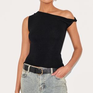 Black Fine Knit Twist Neck Vest Top