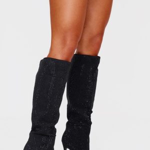 Black Diamante Point Toe High Stiletto Knee High Boots