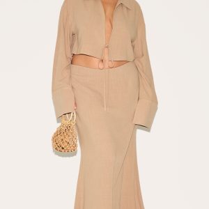 Plus Sand Linen-Blend Column Maxi Skirt