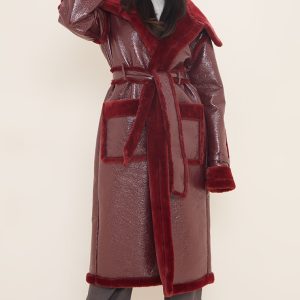 Tall Burgundy Vinyl Contrast Faux Fur Midi Coat