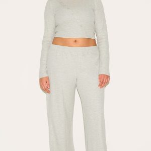 Plus Grey Marl Mid Rise Wide Leg Waffle Trouser