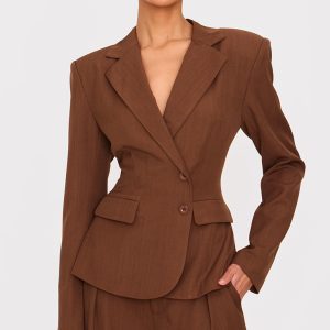 Chocolate Tailored Woven Plunge Cinched Waist Blazer