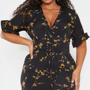 Plus Black Floral Corset Swing Dress