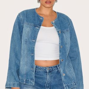 Plus Mid Blue Wash Mid Blue Wash Cinched Round Neck Denim Jacket