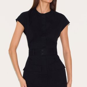 Black Woven Utility Pocket Detail Mini Dress