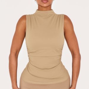 Shape Khaki Built In Bra Sculpt Boat Neck Ruched Side Top