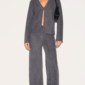 Charcoal Textured Wide Leg Low Rise Trousers