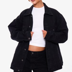 PRETTYLITTLETHING Washed Black Oversized Boyfriend Denim Jacket